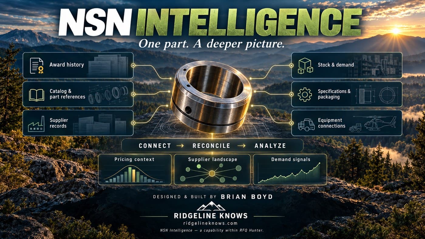 NSN Intelligence connects records about one industrial part into pricing context, supplier relationships, and demand signals.